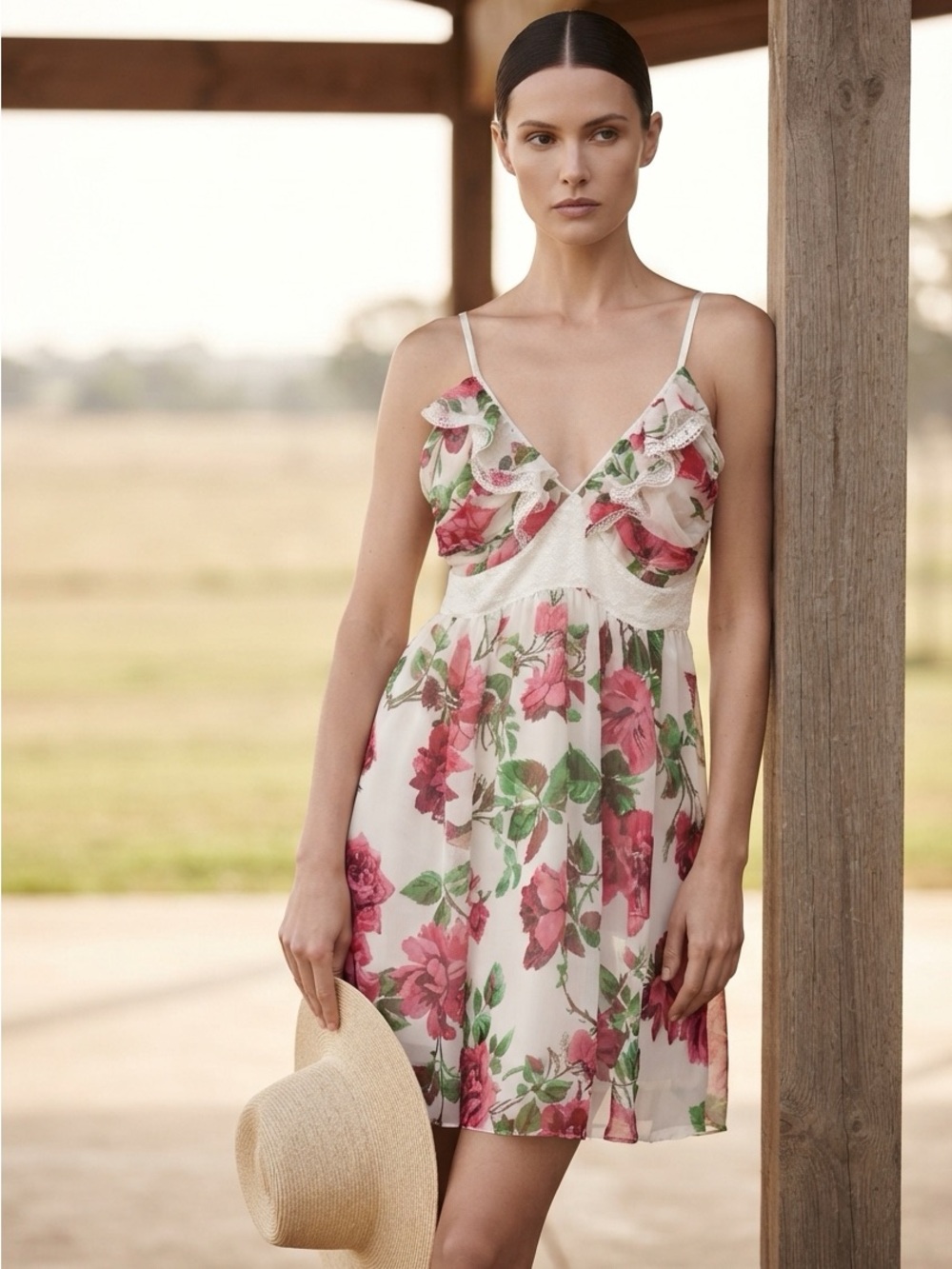 NWT Costa Blanca Pink Floral Ruffle V-Neck Mini Dress | XS | Flowy Dream